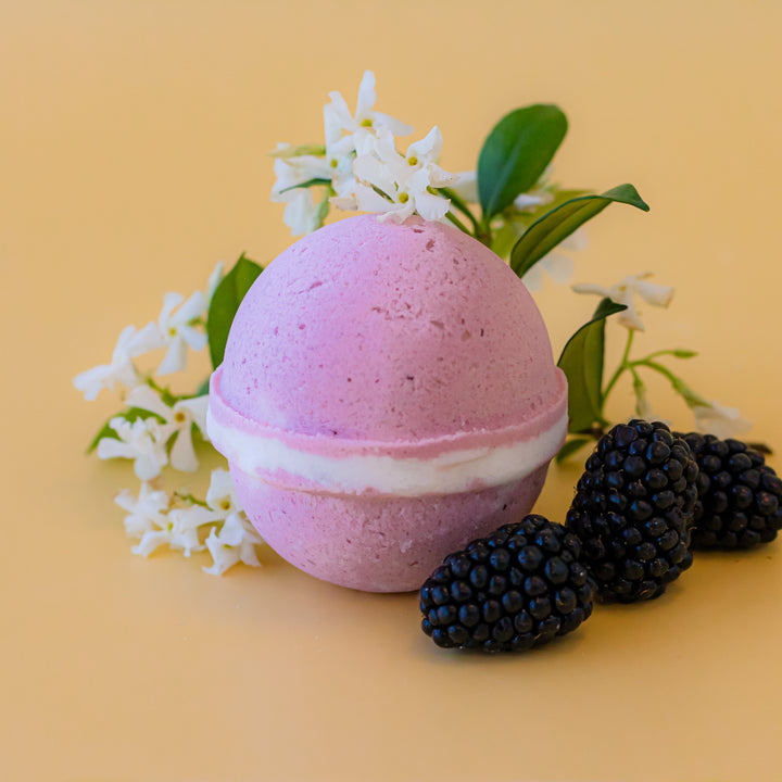 Blackberry Jasmine Bath Bomb, a handcrafted bath bomb. Berry and floral scent with cocoa butter and Epsom salt.