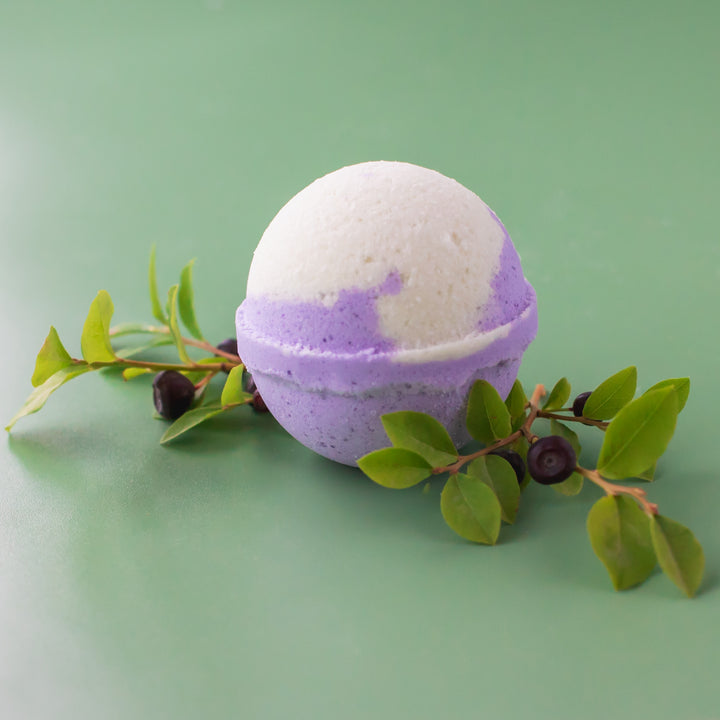 Huckleberry Bath Bomb, a handcrafted bath bomb. Berry scent with cocoa butter, olive oil, and Epsom salt.