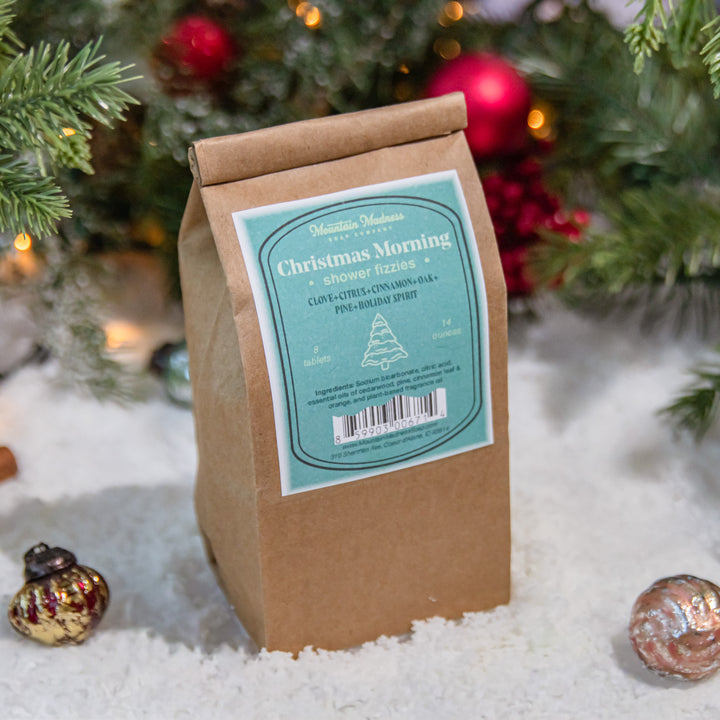 Christmas Morning Shower Fizzies, handcrafted shower fizzies. Spicy citrus and woodsy scent blend.