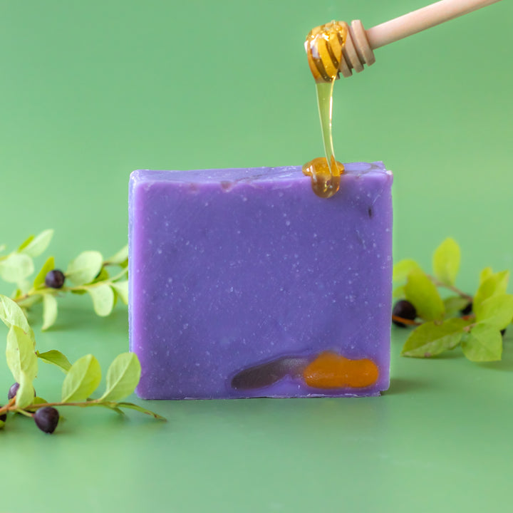 Honey & Huckleberry Soap, a handcrafted bar soap. Berry scent with honey, coconut oil, and olive oil.