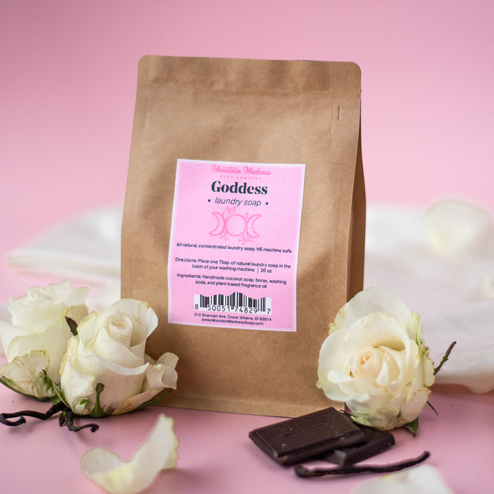 Natural Laundry Soap Goddess, a handcrafted laundry soap. Foodie and musky scent with coconut soap and plant-based fragrance.