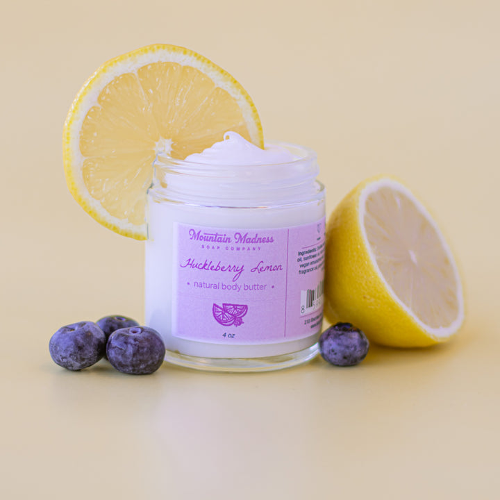 Huckleberry Lemon Body Butter - Berry and citrus scented handcrafted body butter with shea butter and jojoba oil in glass jar