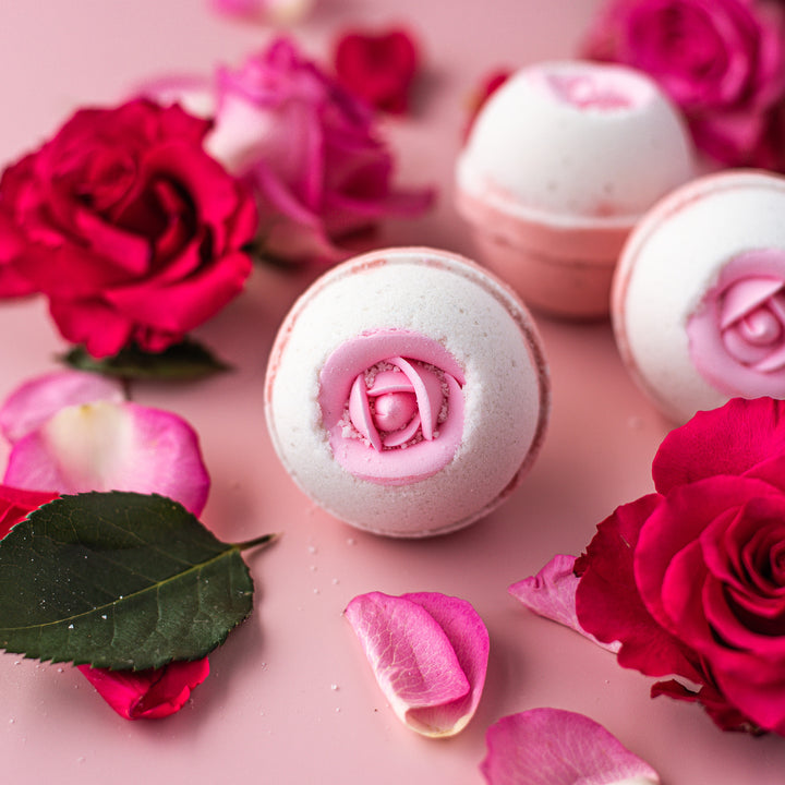 Just Juicy Bath Bomb, a handcrafted bath bomb. Floral scent with cocoa butter, olive oil, and Epsom salt.