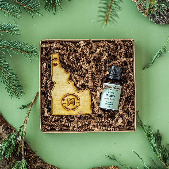 Wooden Car Refresher with Tree Hugger Fragrance Oil - Woodsy handcrafted air freshener with cedarwood, pine, and eucalyptus