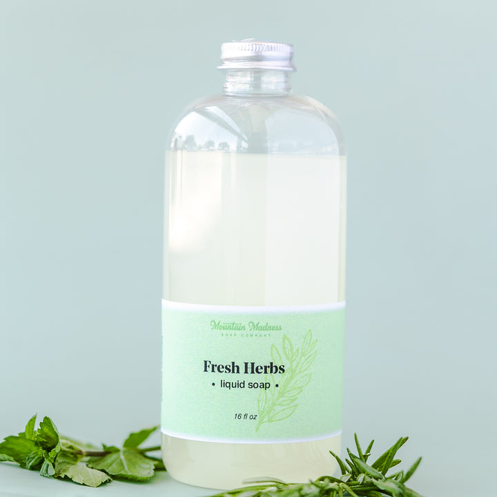 Fresh Herbs Liquid Soap, a handcrafted liquid soap. Herbal and clean scent with coconut oil, olive oil, and jojoba oil.