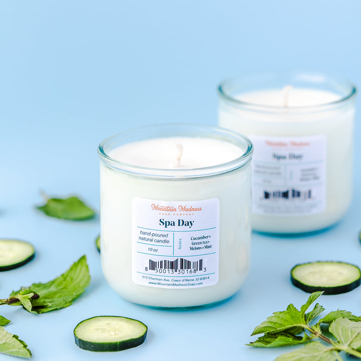 Spa Day Candle - Clean & Fresh minty handcrafted soy and coconut wax candle in recycled glass jar with seed paper cover