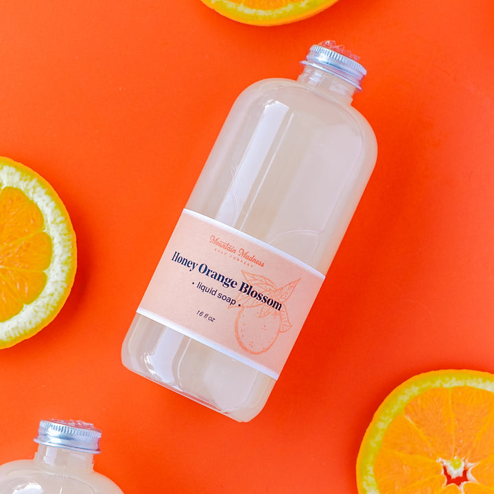 Honey Orange Blossom Liquid Soap, handcrafted liquid soap. Citrus scent with coconut and olive oils.