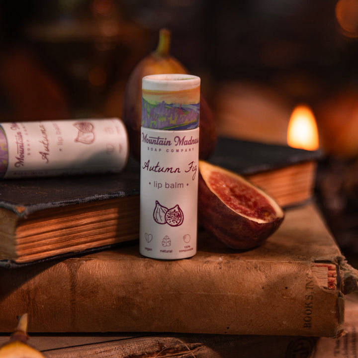 Autumn Fig Lip Balm, a handcrafted lip balm. Foodie fruity flavor with coconut oil and vitamin E.