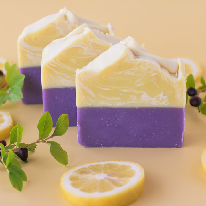 Huckleberry Lemon Soap, a handcrafted bar soap. Berry and citrus scent with sustainable palm oil and coconut oil.