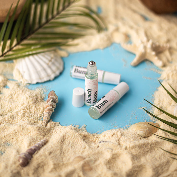 Beach Bum Perfume Rollerball - Spicy musky handcrafted fragrance oil perfume in 10ml glass bottle with coconut oil base