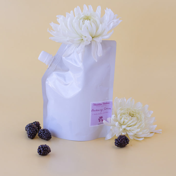Blackberry Jasmine Body Butter, a handcrafted body butter refill. Berry and floral scent with shea butter and jojoba oil.