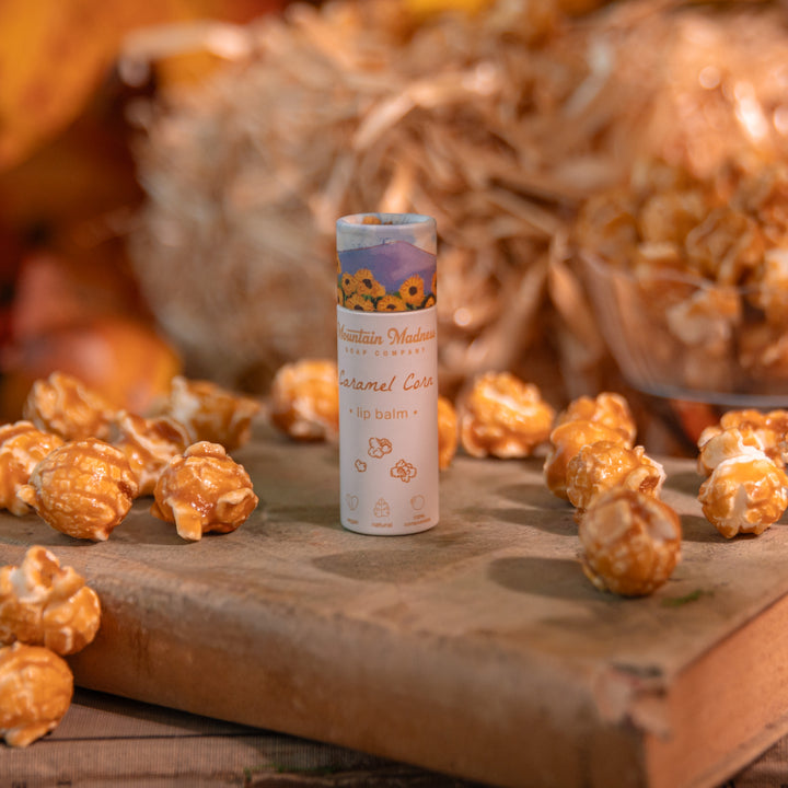 Caramel Corn Lip Balm, a handcrafted lip balm. Foodie flavor with coconut oil and vitamin E.