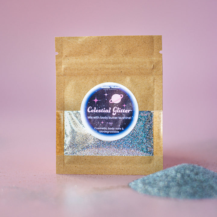 Celestial Glitter Packet, handcrafted cosmetic glitter. Body-safe, biodegradable glitter in an eco-friendly kraft paper bag.