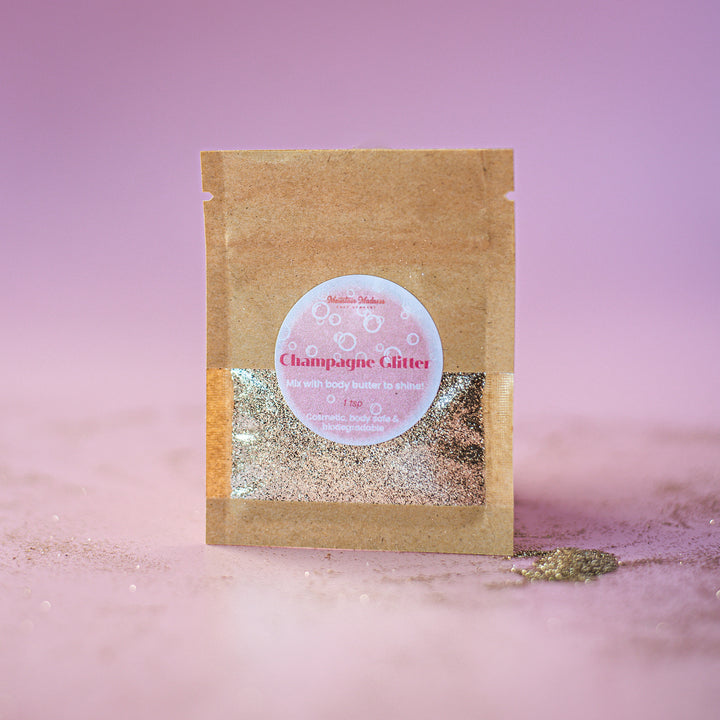 Champagne Glitter Packet, handcrafted glitter product. Body-safe, biodegradable cosmetic glitter in eco-friendly packaging.