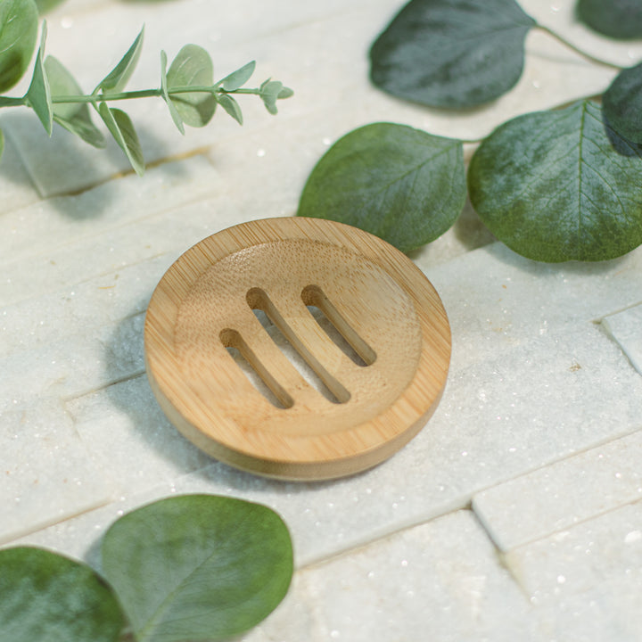 Circular Bamboo Dish - natural 100% bamboo handcrafted soap dish for keeping shower essentials elevated and dry
