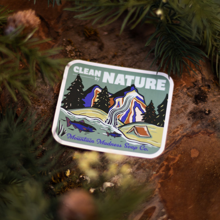 Clean By Nature Vinyl Sticker, a decorative sticker. Nature-inspired design celebrating pure, natural bath and soap products.