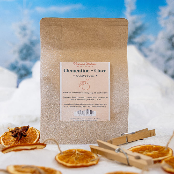 Natural Laundry Soap- Clementine & Clove, a handcrafted laundry detergent. Citrus and spicy scent with clove essential oil.