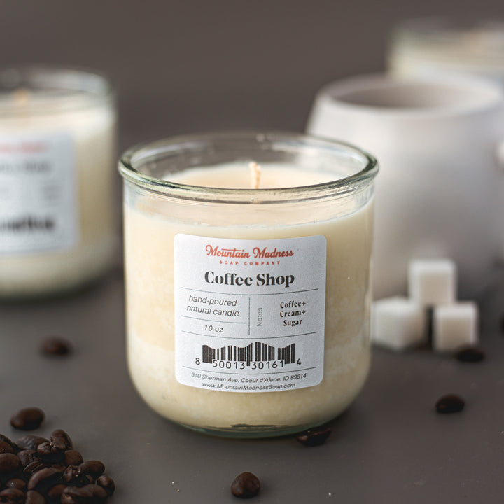 Coffee Shop Candle - Foodie scent handcrafted soy and coconut wax candle in recycled glass jar with cotton wick