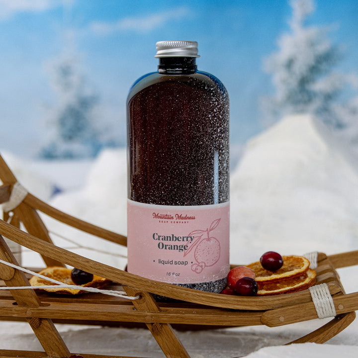 Cranberry Orange Liquid Soap, a handcrafted liquid soap. Berry, citrus, and spicy scent with jojoba oil.