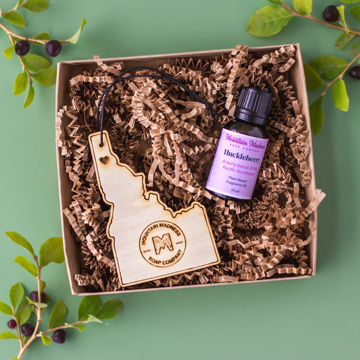 Wooden Car Refresher with Huckleberry Fragrance Oil - berry-scented handcrafted wooden air refresher with glass bottle