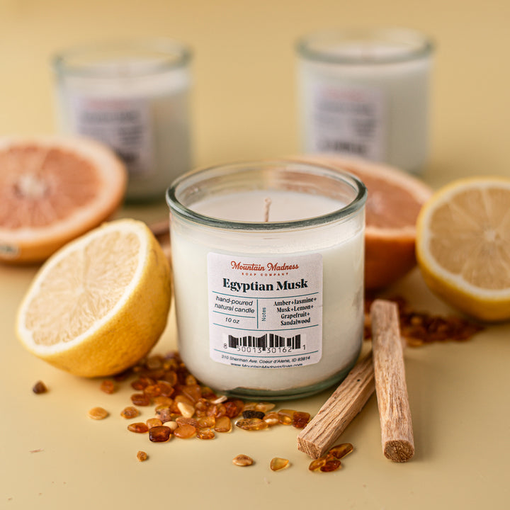 Egyptian Musk Candle - musky, earthy handcrafted soy and coconut wax candle in recycled glass jar
