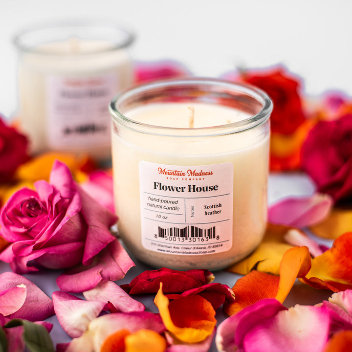 Flower House Candle - Floral and herbal handcrafted soy and coconut wax candle in recycled glass jar with seed paper cover