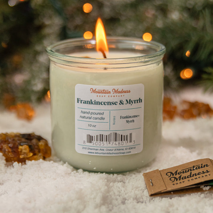 Frankincense & Myrrh Candle, a handcrafted candle. Earthy, spicy, and musky scent made with soy and coconut wax.