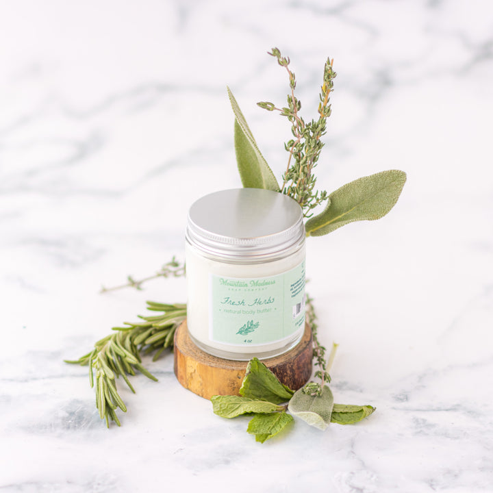 Fresh Herbs Body Butter - Herbal, citrus, and woodsy handcrafted body butter with shea butter and jojoba oil