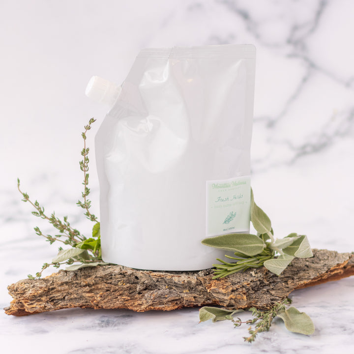 Fresh Herbs Body Butter, a handcrafted refill. Herbal and fresh scent with shea butter and jojoba oil.