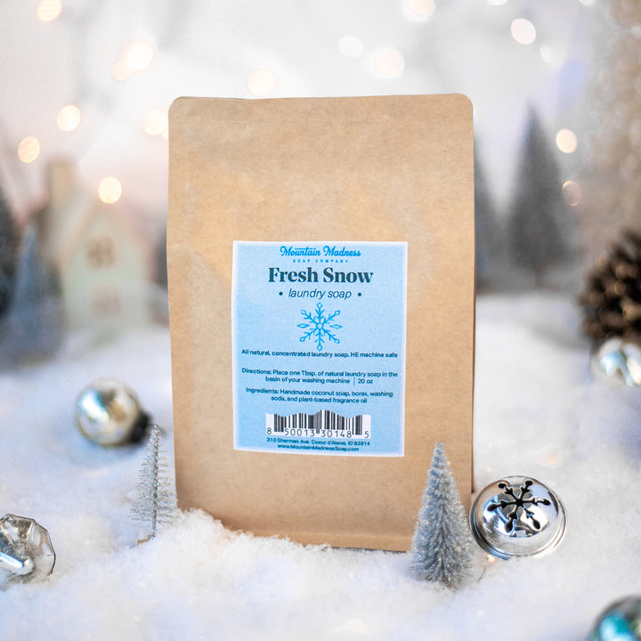Fresh Snow Natural Laundry Soap, a handcrafted laundry soap. Clean and fresh scent with juniper and sandalwood.