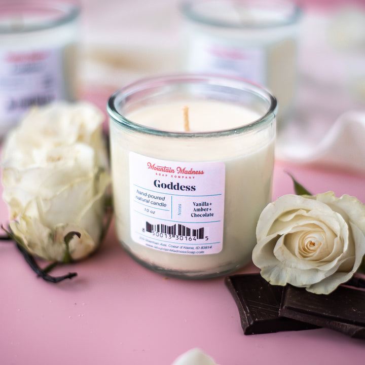 Goddess Candle - Foodie, Musky scent handcrafted soy and coconut wax candle in recycled glass jar