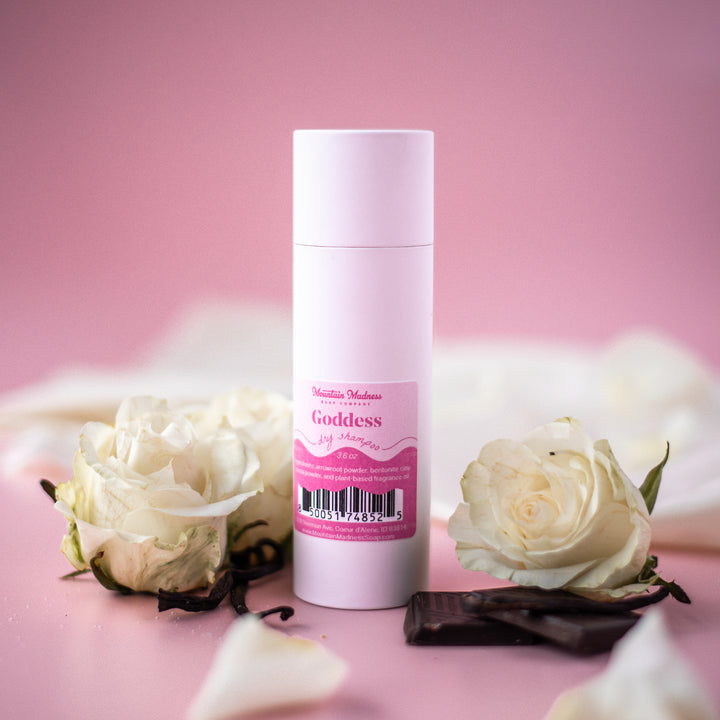 Goddess Dry Shampoo, a handcrafted dry shampoo. Foodie, musky goddess scent with arrowroot powder and bentonite clay.