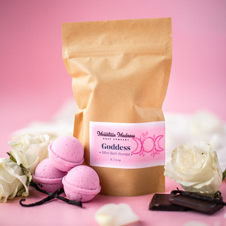 Mini Bath Bombs Goddess - Foodie, musky scent handcrafted bath bombs with cocoa butter, olive oil, and Epsom salt