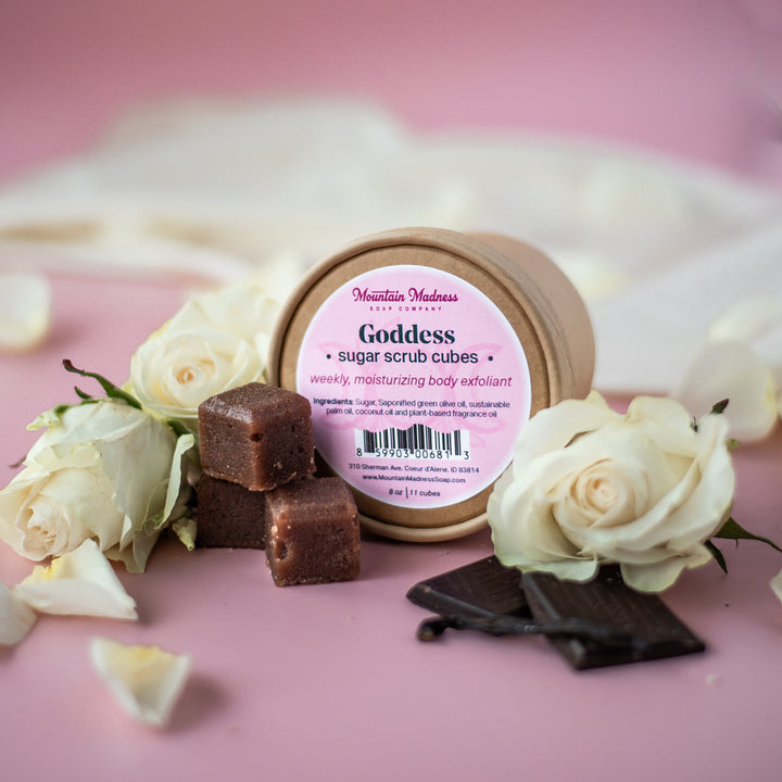 Goddess Sugar Scrub Cubes - Vanilla, amber and chocolate foodie scent handcrafted sugar scrub with olive oil and coconut oil