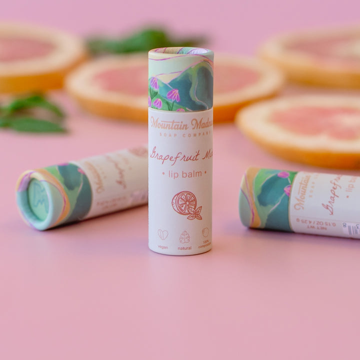 Grapefruit Mint Lip Balm - citrus and minty handcrafted lip balm with coconut oil, vitamin E, and essential oils