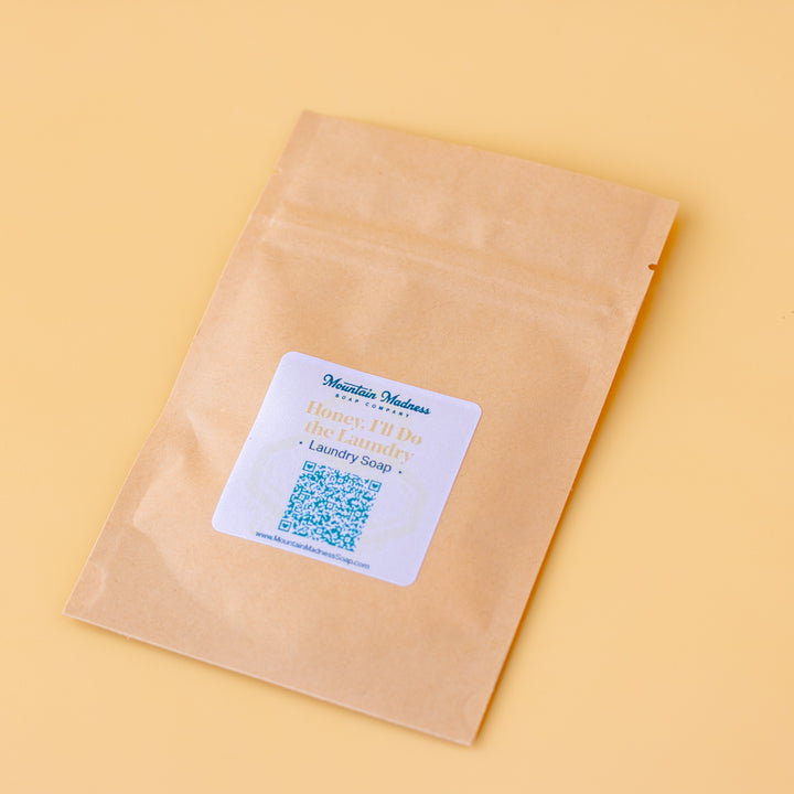Natural Laundry Soap sample in kraft bag. Foodie scent with coconut soap, borax, and washing soda.
