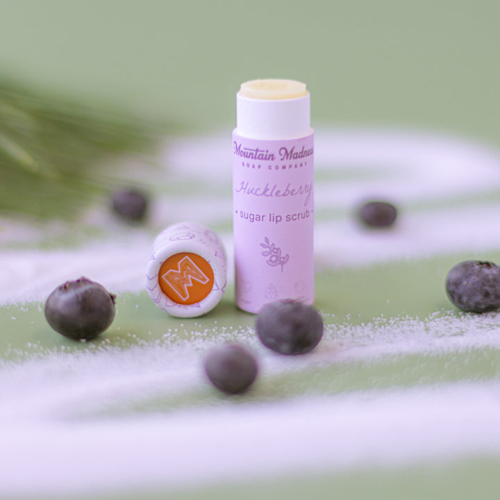 Huckleberry Sugar Lip Scrub - Berry-scented handcrafted lip scrub with granulated sugar, coconut oil, and jojoba oil