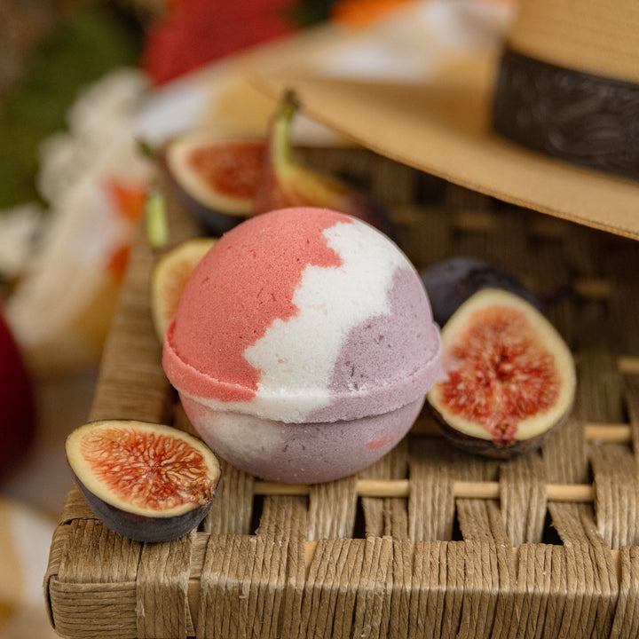 Autumn Fig Bath Bomb, a handcrafted bath bomb. Fruity, spicy, and woodsy scent with cocoa butter and Epsom salt.