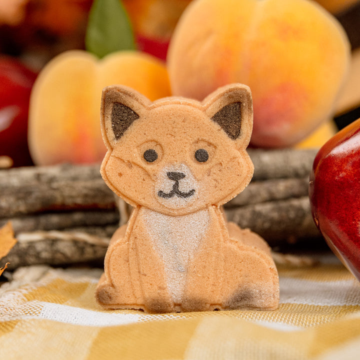 Moxie the Fox Bath Bomb, a handcrafted bath bomb. Fruity, spicy, and woodsy scent with cocoa butter and Epsom salt.