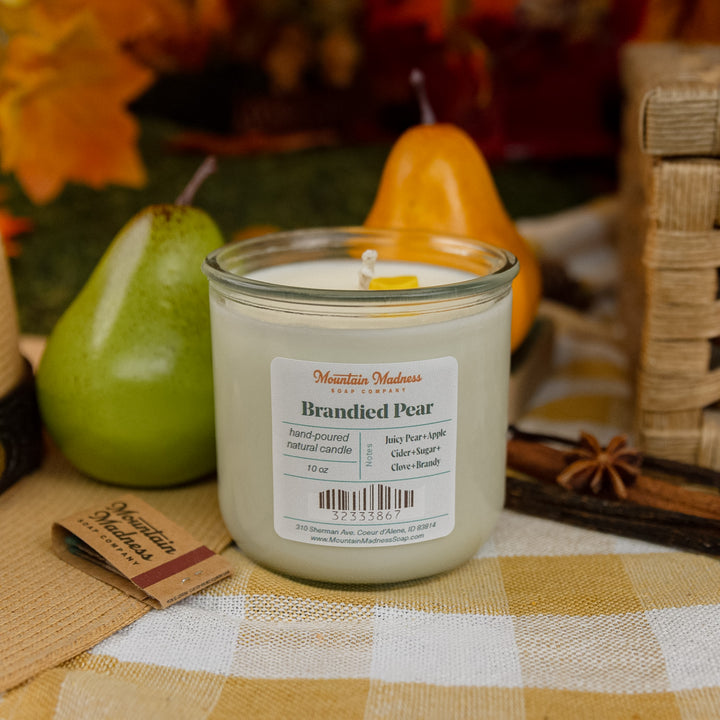 Brandied Pear Candle, a handcrafted soy candle. Fruity, spicy scent with plant-based and essential oil fragrance blend.