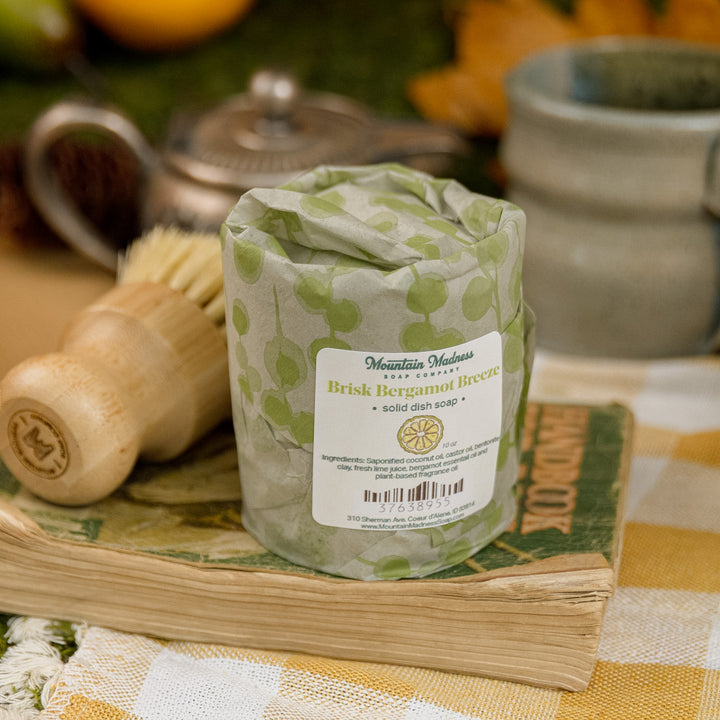 Brisk Bergamot Breeze Solid Dish Soap, handcrafted dish soap. Citrus and herbal scent with bergamot and fresh lime juice.