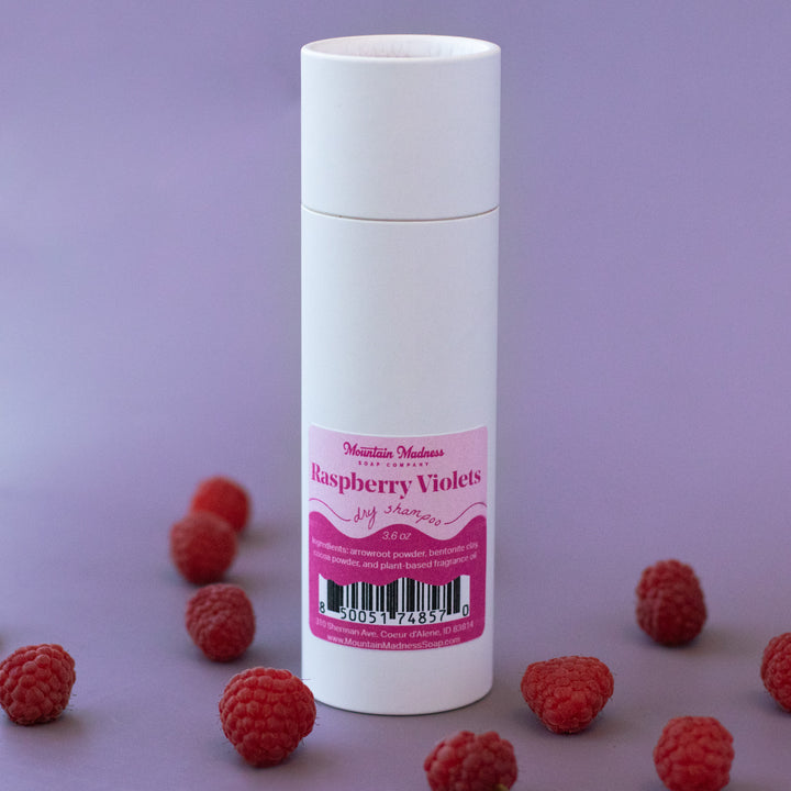 Raspberry Violet Dry Shampoo, a handcrafted dry shampoo. Berry and floral scent with arrowroot powder and bentonite clay.