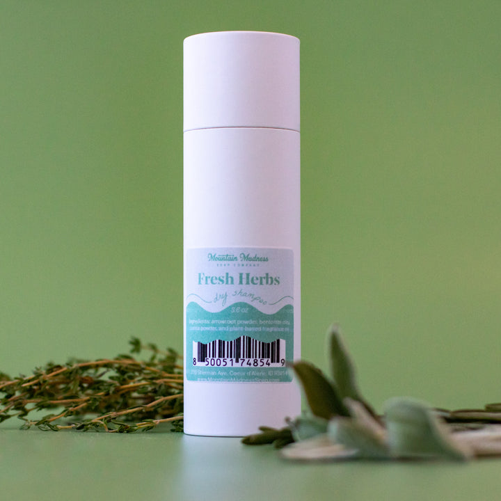 Fresh Herbs Dry Shampoo, a handcrafted dry shampoo. Herbal and fresh scent with arrowroot powder and bentonite clay.