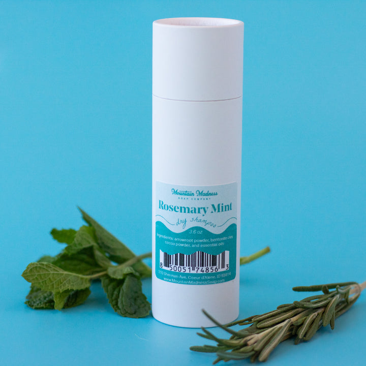 Rosemary Mint Dry Shampoo, a handcrafted dry shampoo. Herbal minty scent with arrowroot powder and bentonite clay.