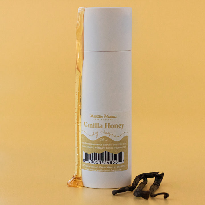 Vanilla Honey Dry Shampoo, a handcrafted dry shampoo. Foodie scent with arrowroot powder and bentonite clay.