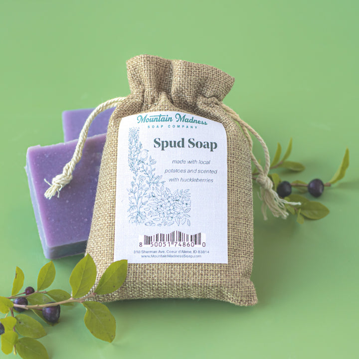 Idaho Spud Soap - berry-scented handcrafted bar soap with potato fiber and sustainable palm oil in muslin packaging