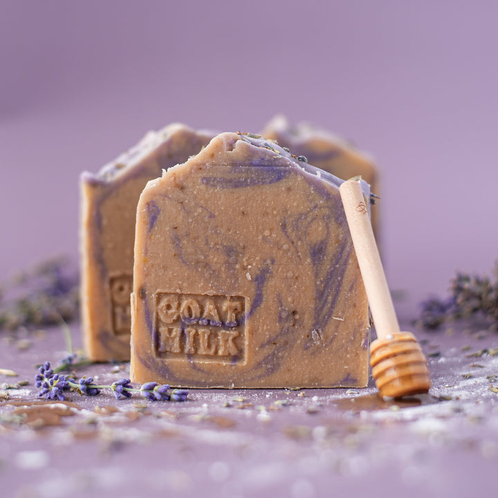 Honey Lavender Goat Milk Soap - Floral handcrafted bar soap with lavender buds and goat milk in kraft paper packaging