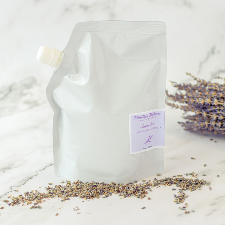 Lavender Body Butter Refill, a handcrafted body butter. Floral scent with shea butter, jojoba oil, and cocoa butter.