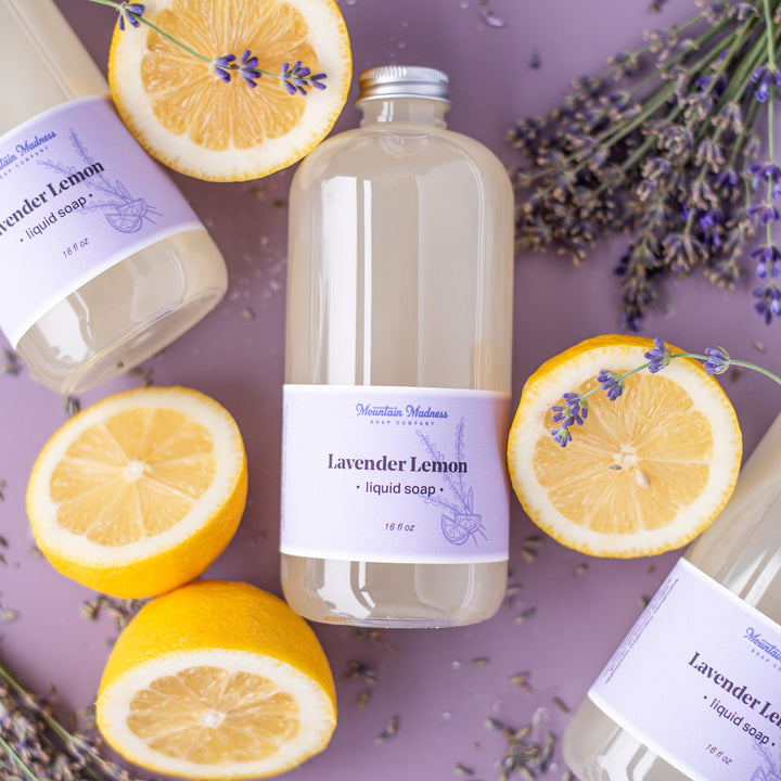 Lavender Lemon Liquid Soap - Floral citrus handcrafted soap made with coconut oil, olive oil, jojoba oil, and hemp seed oil