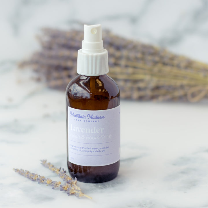 Lavender Linen + Room Spray - Floral herbal handcrafted room spray with lavender essential oil in amber glass bottle